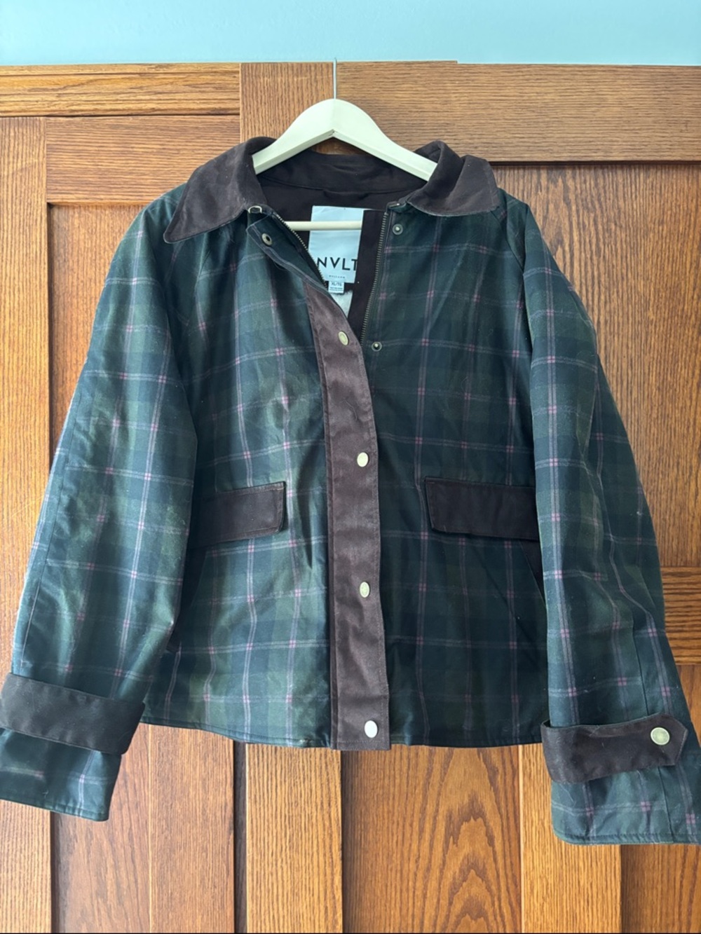 Waxed Navy Plaid Barn Jacket with Brown Trim. Anthropologie XL